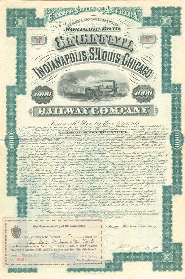 Cincinnati, Indianapolis, St. Louis and Chicago Railway Co. - $1,000 Railroad Bond